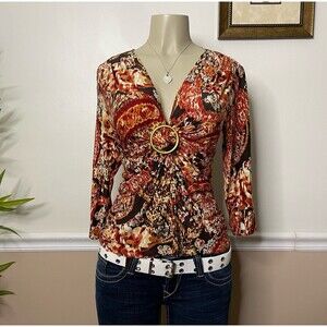 AB Studio Women’s Y2K Vintage Paisley Print Embellished Gold Ring Plunge Top